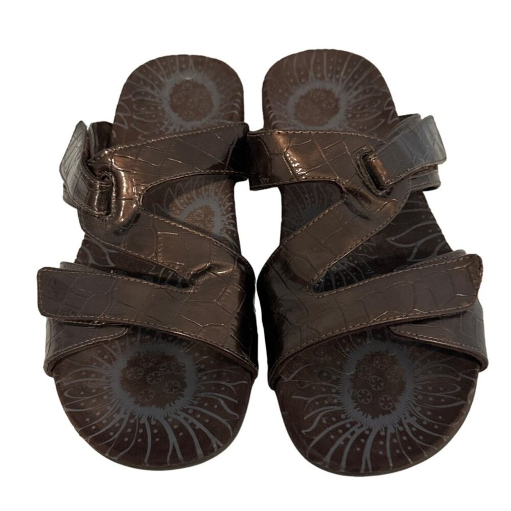 Vionic Womens Sandals Sz 8 Lauren Croc Embossed Patent Leather Bronze Metallic